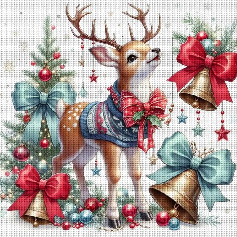 Kit Punto Croce Renna con Campanelli Fai da Te 11CT Ricamo Decorazione Murale Casa Regalo Materiale Fatto a Mano Senza Cornice Semilavorato 36×36cm