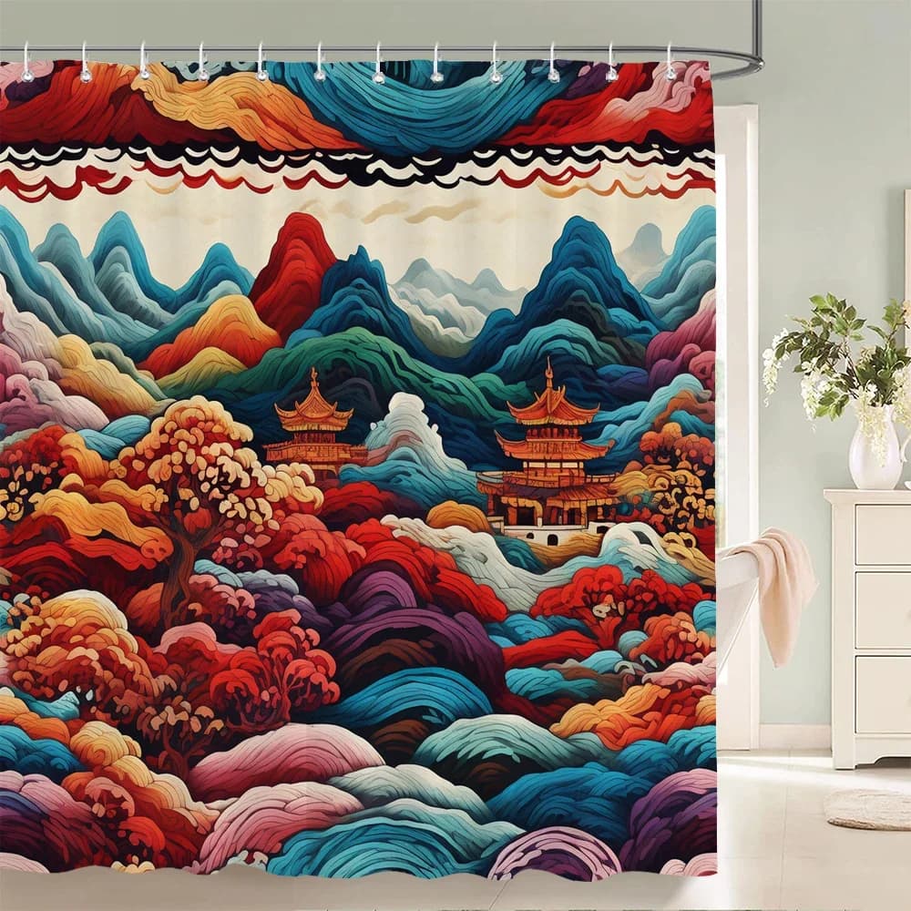 Tenda da doccia in stile paesaggio giapponese ad acquerello, decorazione per il bagno in tessuto texture Curtian per doccia in tessuto impermeabile con ganci