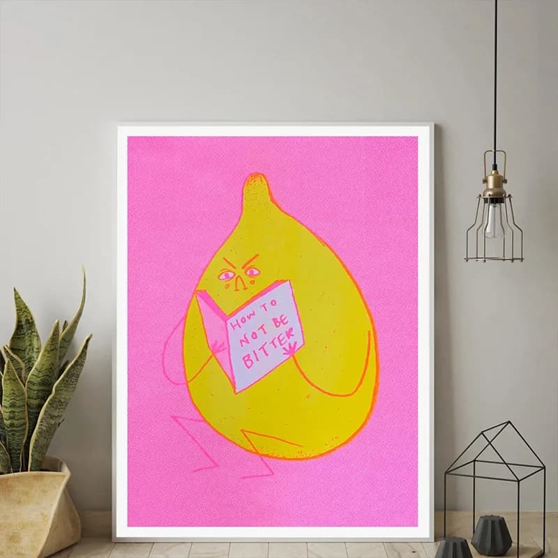 1pcs(No frame)How To Not Be Bitter Cute Fruit Lemon Looking Book Poster And Print Modern Canvas Painting Wall Art Pictures Fo