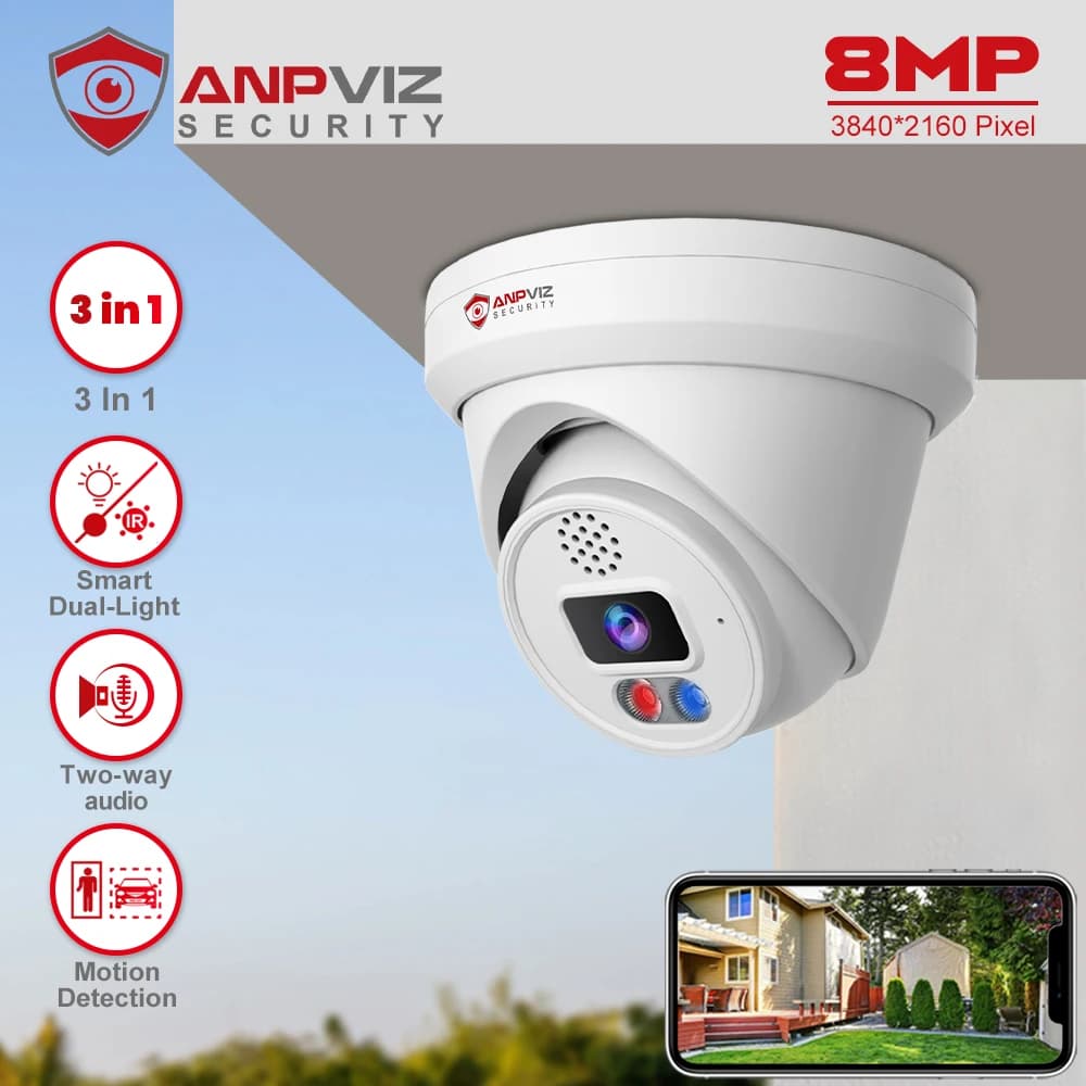 Anpviz 8MP POE Turret Camera Smart Luce rossa e blu Allarme sonoro ColorVU esterno CCTV Video sorveglianza Rilevamento persone/auto