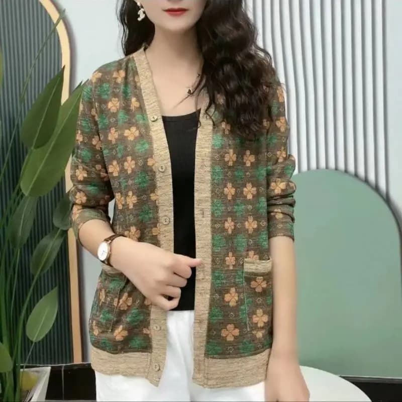 Spring and Autumn Women's Cardigan V-neck Single Breasted Plant&Flowers Floral Printed Sweater Knit Fashion Casual Coat Tops