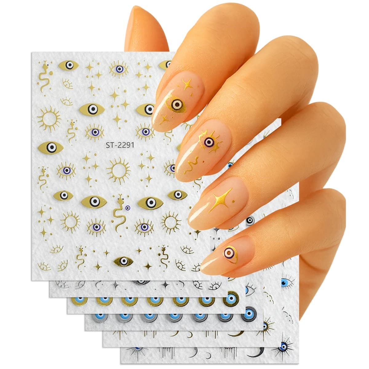 3/6/12 fogli adesivi per nail art con malocchio oro argento – Decalcomanie autoadesive metallizzate mistiche con stella lunare e serpente per manicure fai da te