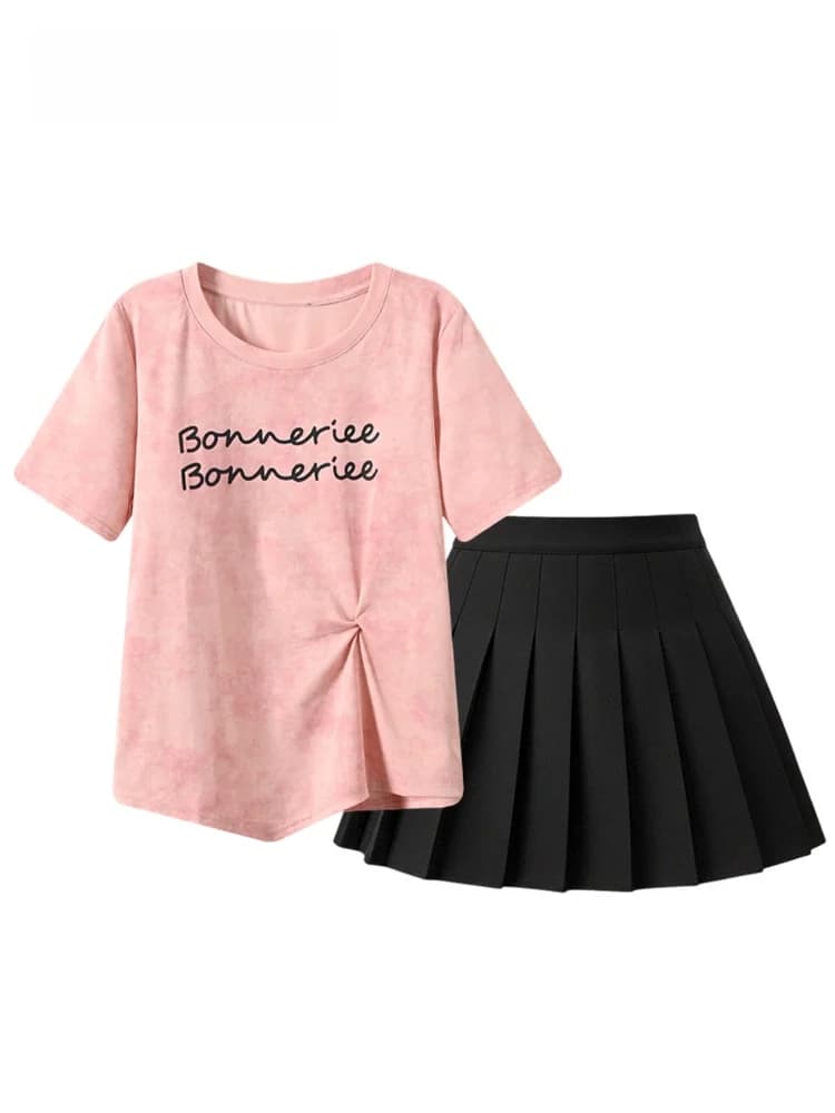 Fashionable Summer Outfit Set for plus Size Women College Style Short Sleeve T-Shirt And Short Skirt Korean Loose Fit Cotton ...