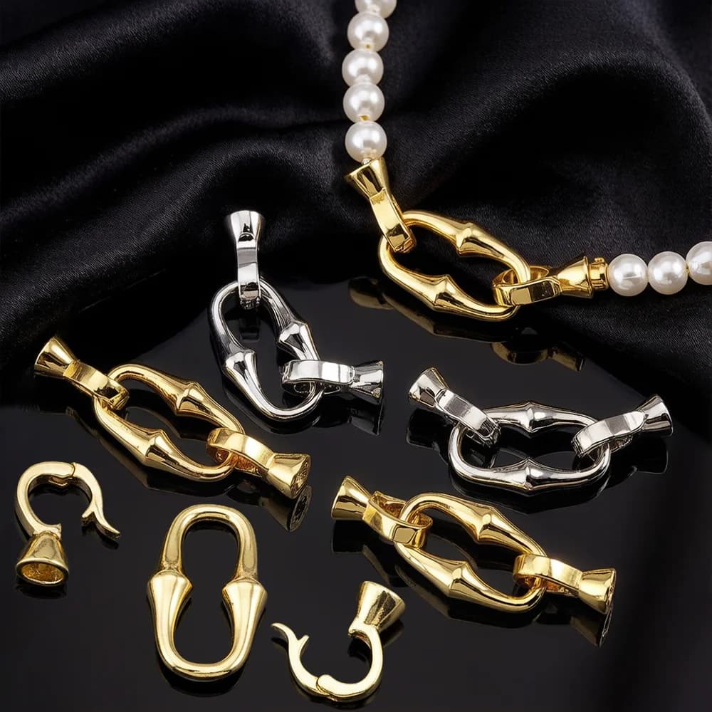 1 Piece Double Head Clasp in Gold Plated Copper with Bamboo Joint for Necklaces and Bracelets, DIY Accessories for Jewelry