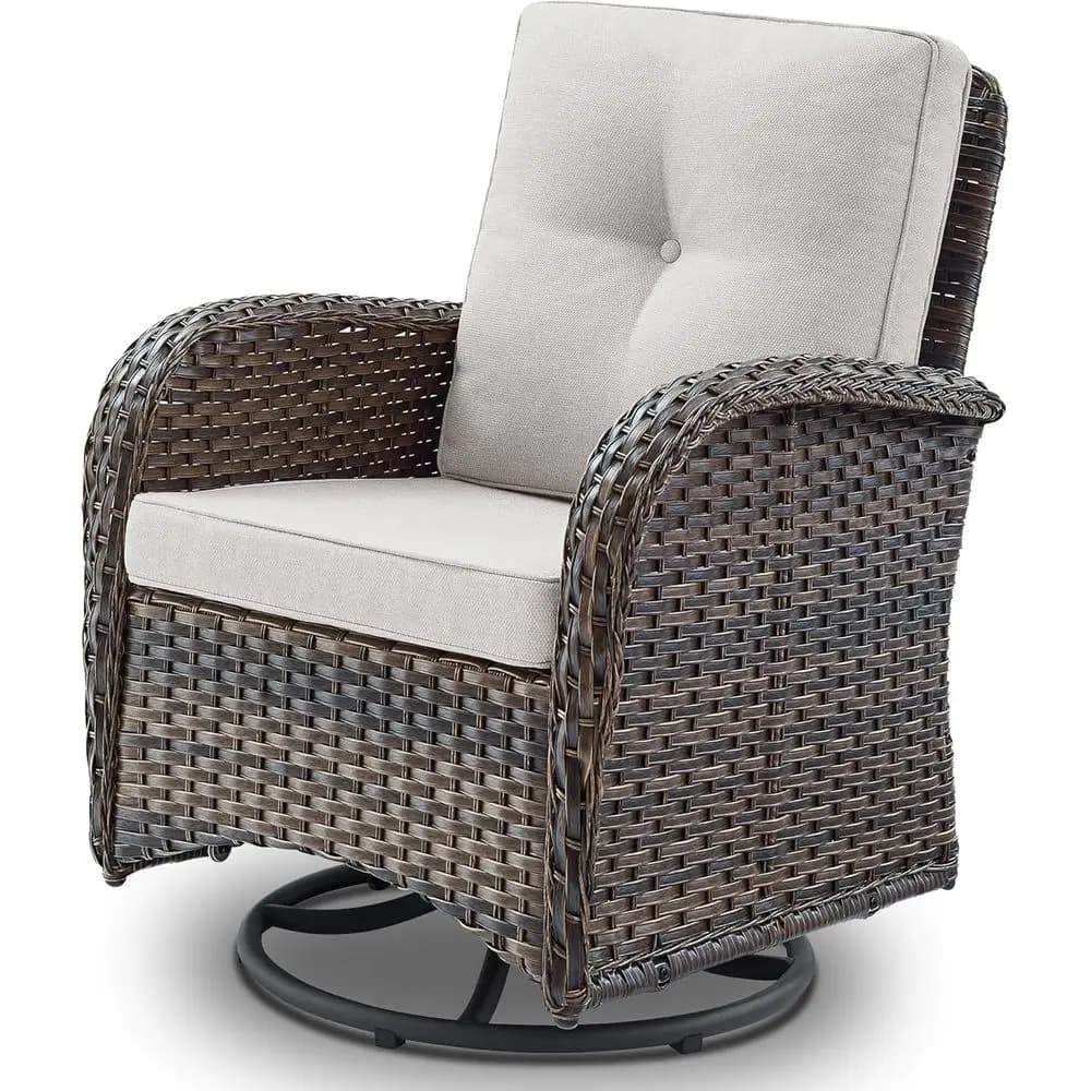 Sedie a dondolo girevoli da esterno in vimini PE con cuscini, sedute per patio, terrazza e balcone, marrone/beige