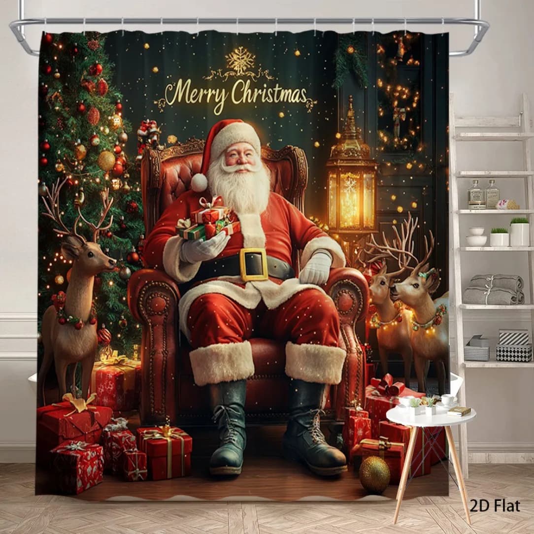 Merry Christmas Santa Claus Shower Curtain, Festive Reindeer Gift Box Print Waterproof Bath Curtain, Holiday Decor for Bathroom
