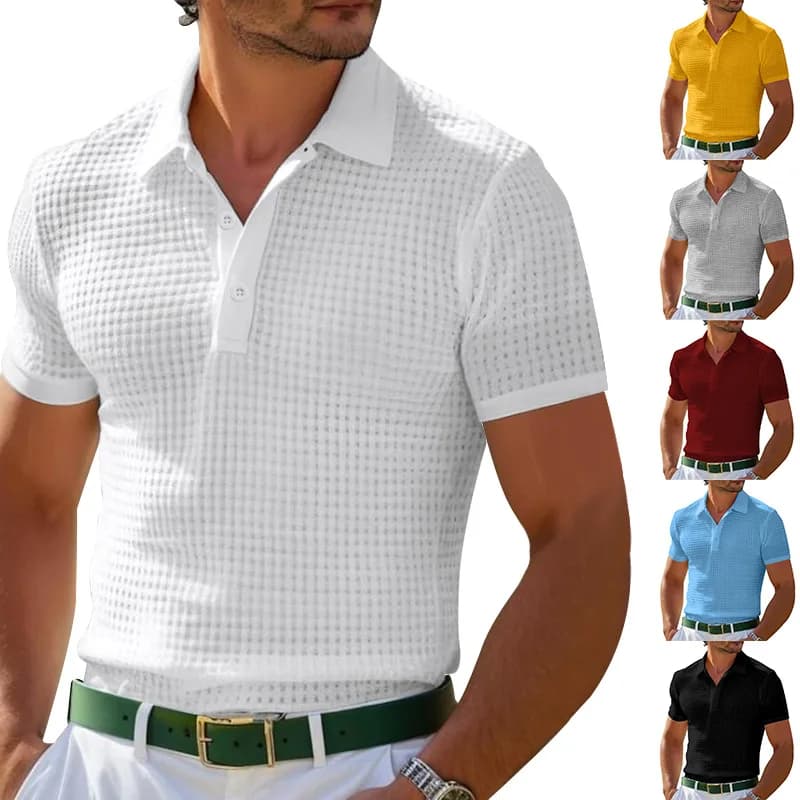 Polo da uomo 2026 in tessuto waffle con colletto a risvolto e bottoni, a maniche corte, estivo, casual, traspirante, in morbido cotone, alla moda, per golf