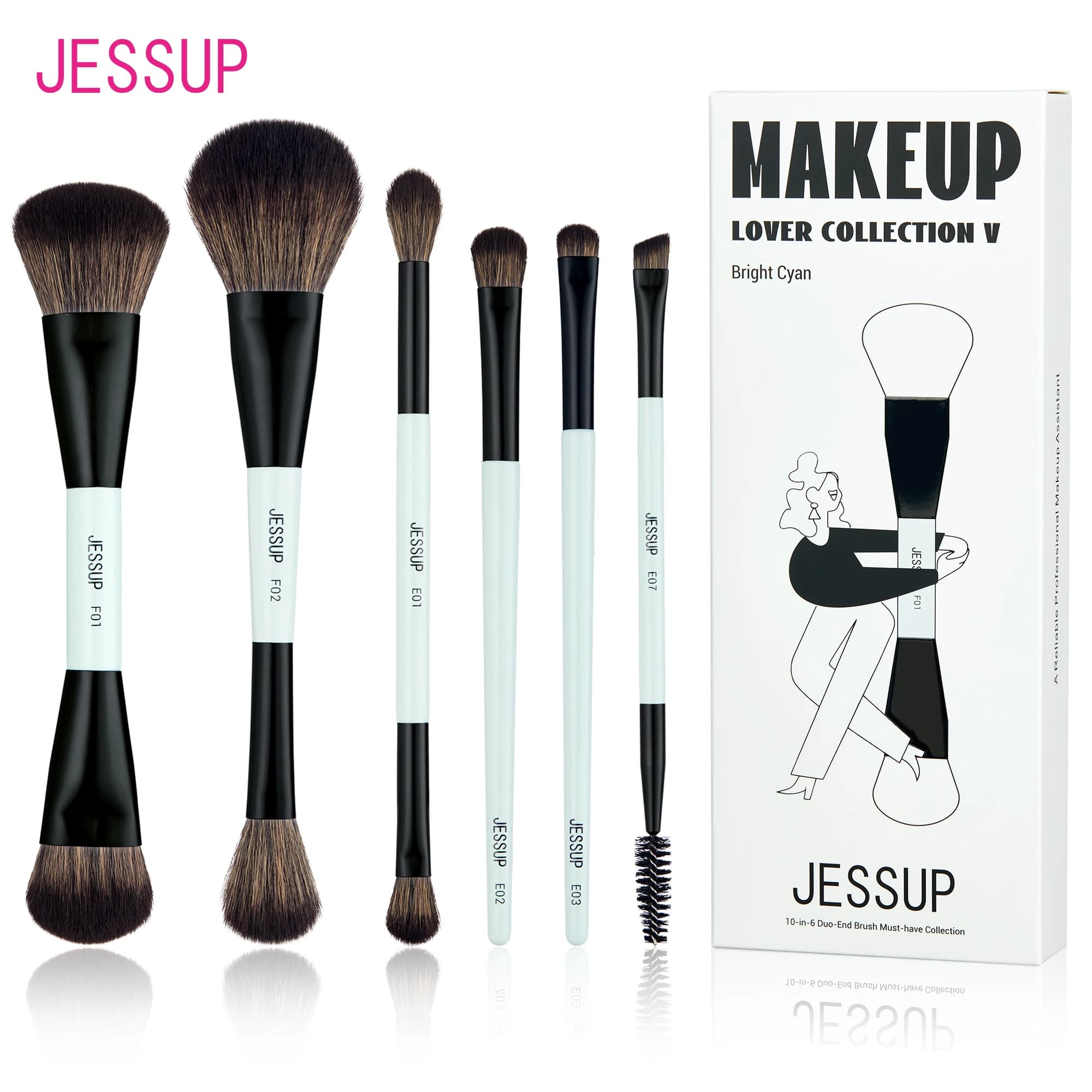 Jessup Set di pennelli per trucco pennelli per trucco a doppia faccia fondotinta contorno Blush Blending ombretto per sopracciglia, fibra Bright Cyan T501