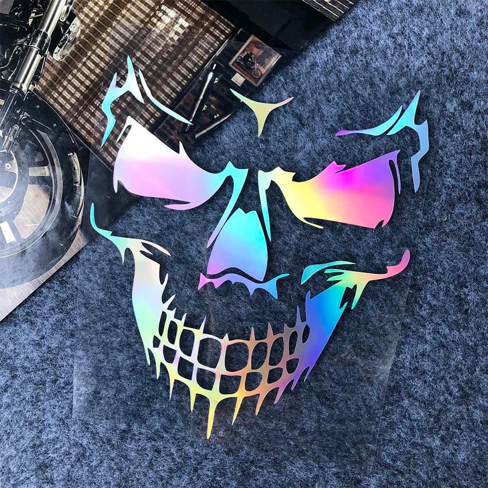 Testa di teschio Moto riflettente/Laser Arcobaleno Adesivi Decor Casco da moto Motor Bike Scooter Corpo Parabrezza Accessori Decalcomanie