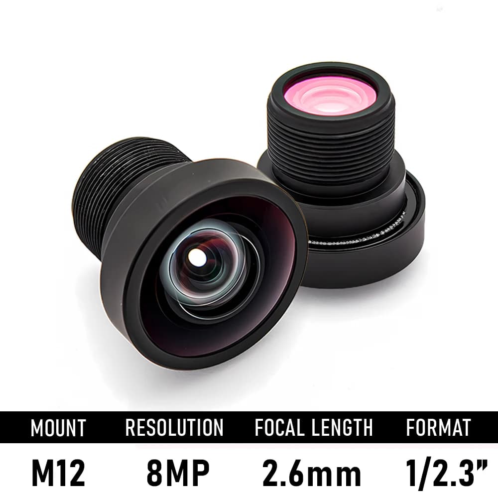 Obiettivo CCTV HD da 8MP senza distorsioni, 2.6mm, formato 1/2.3", apertura F2.4, attacco M12 con filtro IR da 650nm per telecamere di sorveglianza e sicurezza