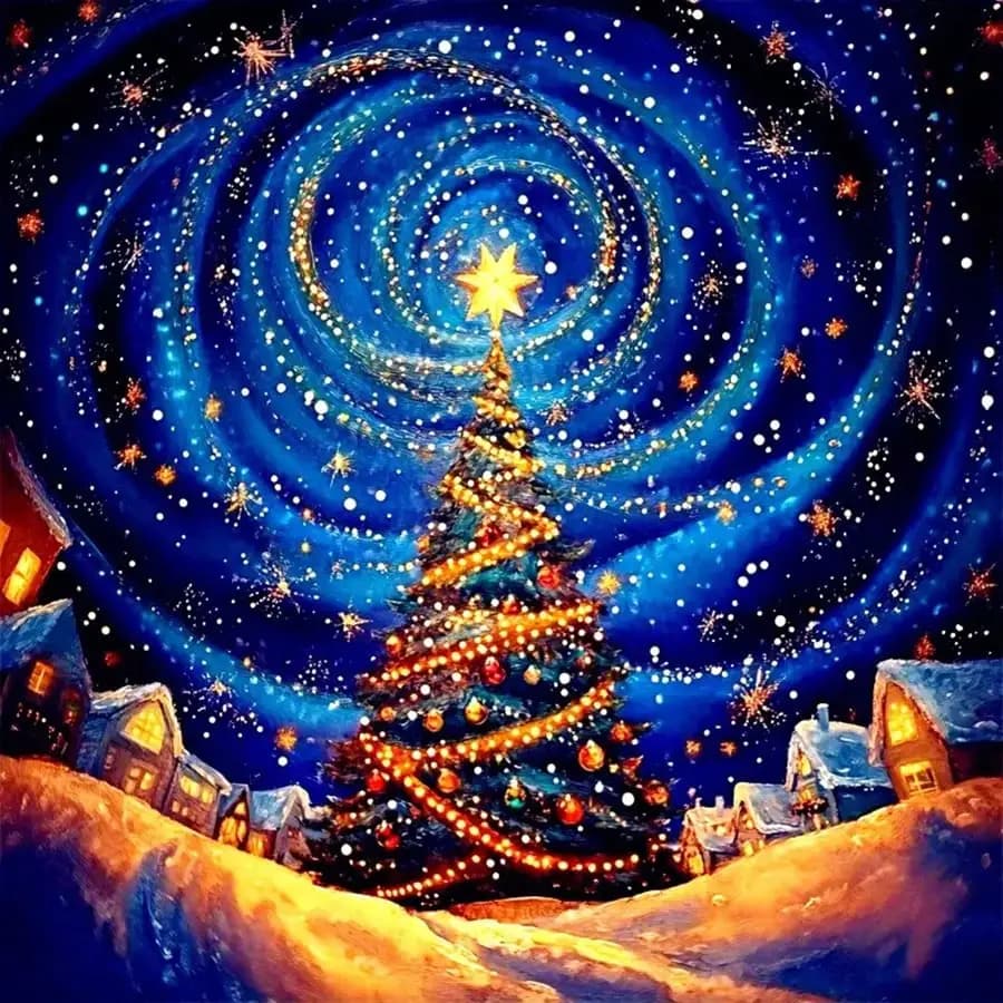 Diamond Painting Christmas Tree Snow Village Swirl Starry Night Winter Scene DIY Diamond Art Holiday Landscape Home Decor Gift
