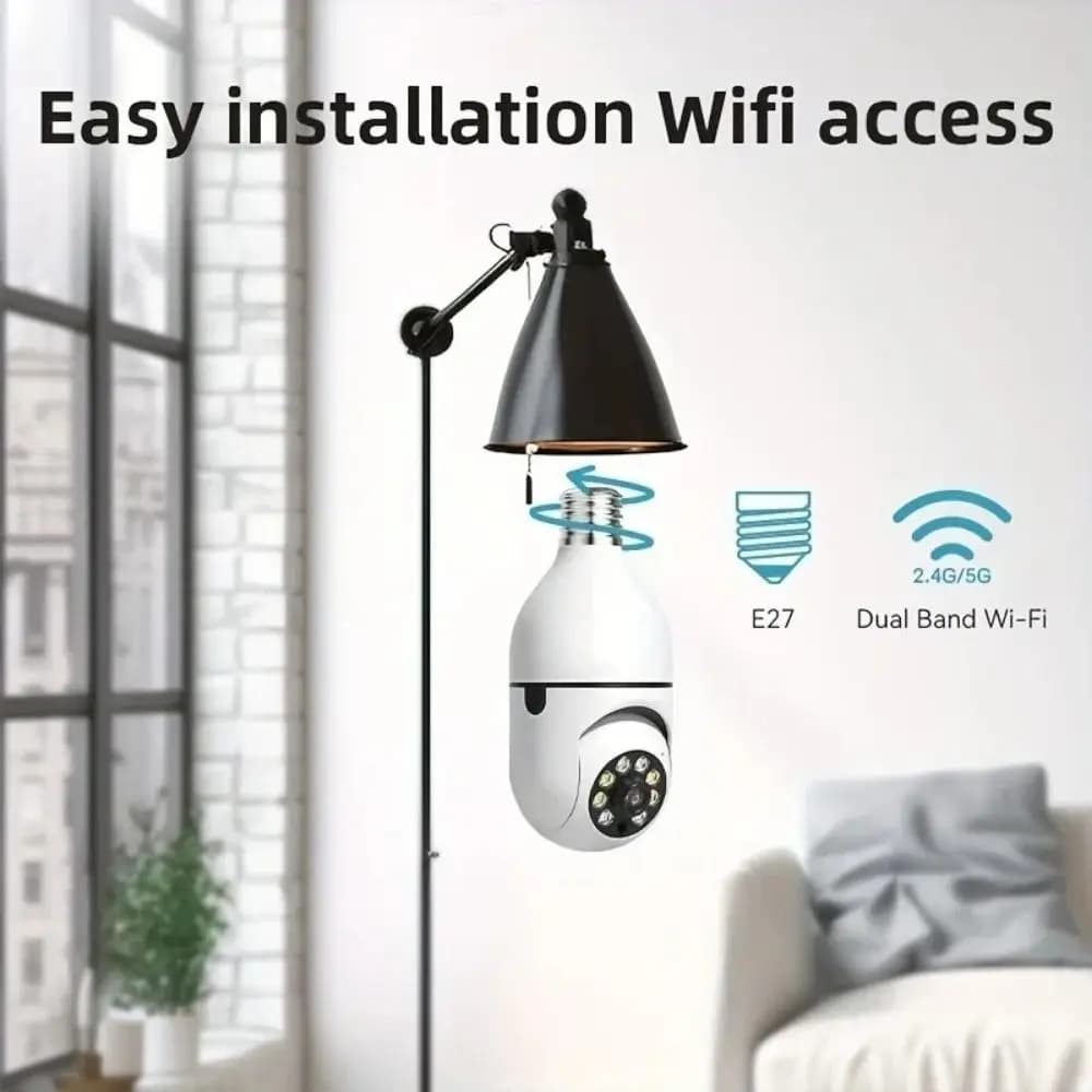 Telecamera di Sicurezza a 360 Gradi con Lampadina, WiFi 5GHz, Tracciamento Automatico delle Persone, Visione Notturna a Colori