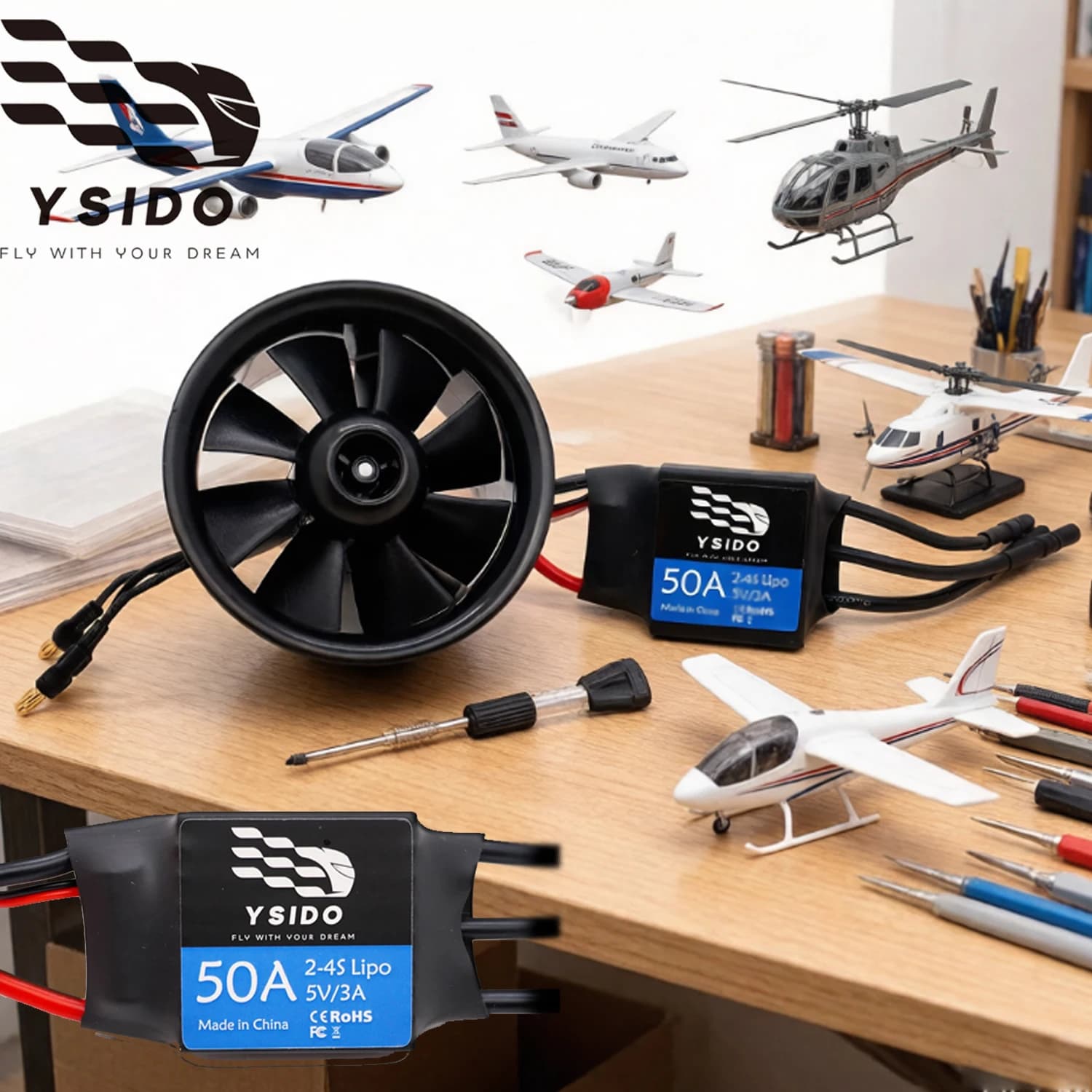 YSIDO 64mm 8 Pale RC EDF CCW con Motore Ventola Intubata 50A ESC Sistema di Propulsione ad Alta Potenza per Aerei RC e Elicotteri - Componenti Fai da Te