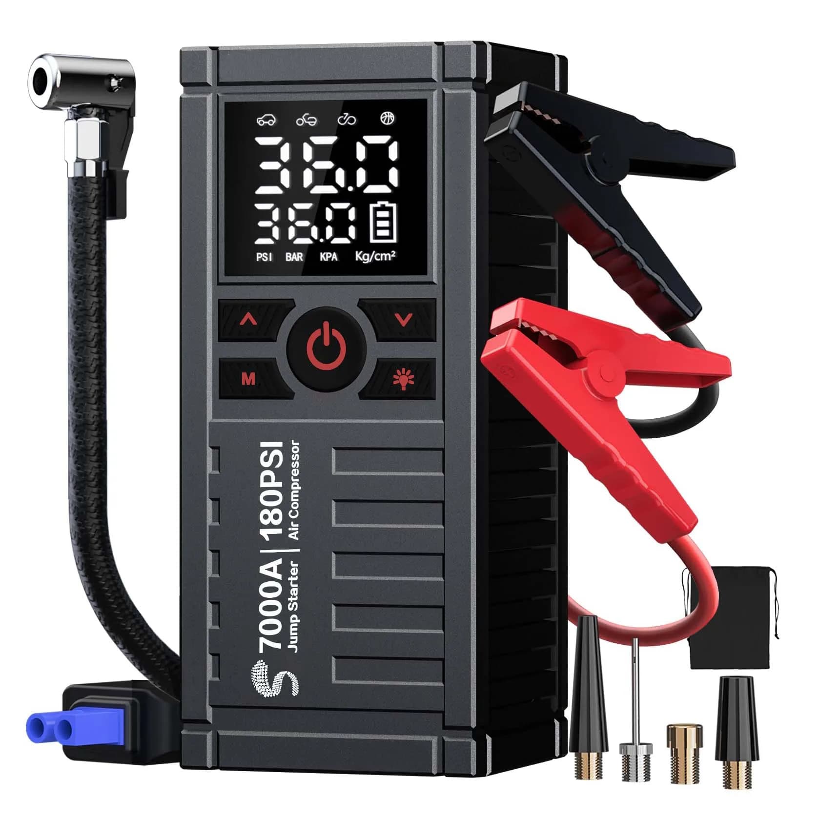 Avviatore di Emergenza con Compressore d'Aria, 7000A 180PSI, per Auto (tutti i modelli a benzina/diesel fino a 12.0L), Caricabatterie, LED