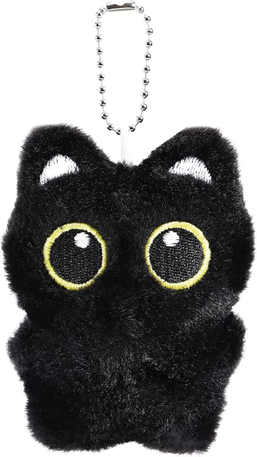 Cat Plush Keychain, 3.74x2.95in Black Cat Adorable Animal Plush Pendant Kawaii Keyring Charm Accessories Cute Kitty Lover Gifts for Handbags Backpacks Wallets