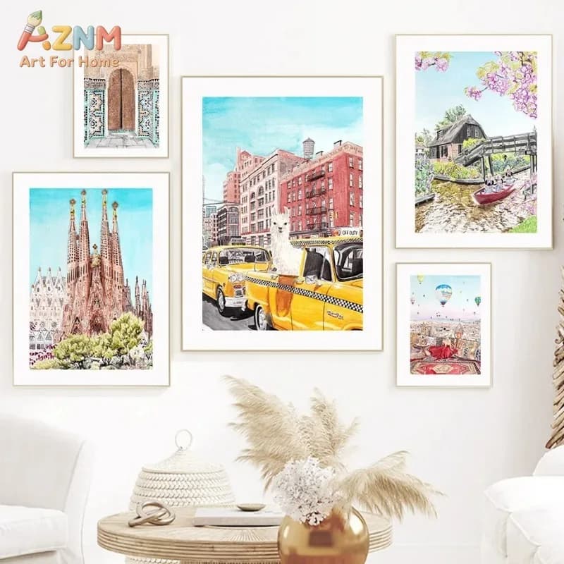AZNM Watercolor World Travel Canvas Wall Art Barcelona New York Amsterdam Morocco Cityscape Illustration Print Unframed Canvas P