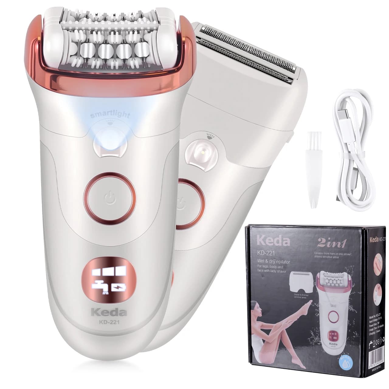 Epilatore Elettrico a Rullo Lavabile Keda da Donna per Uso Domestico con Clip e Luce per Zone Intime