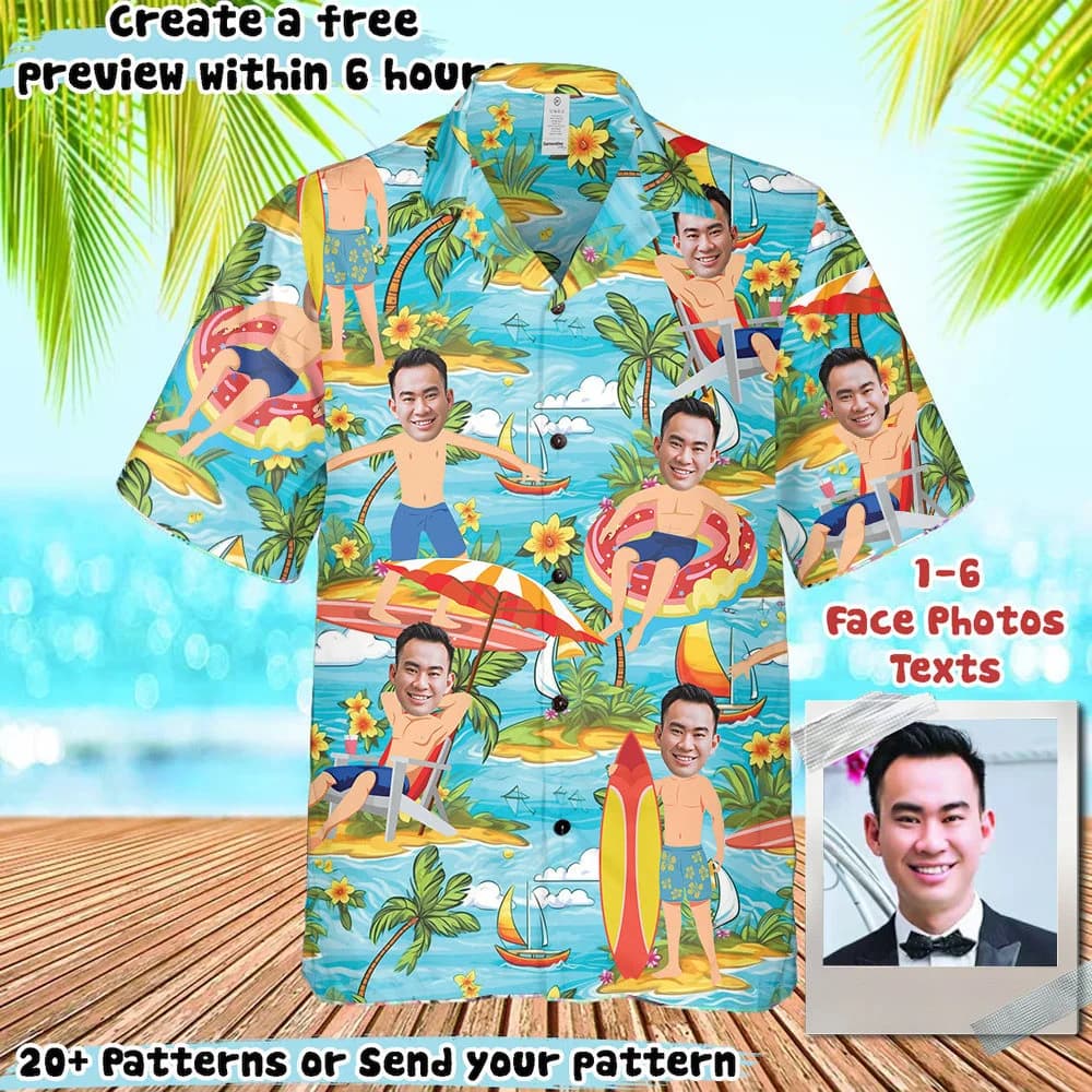 Personalized Photo Hawaiian Cartoon Shirts Custom Face Tropical Pattern Shirt For Men Women Birthday Bachelor Party Gift