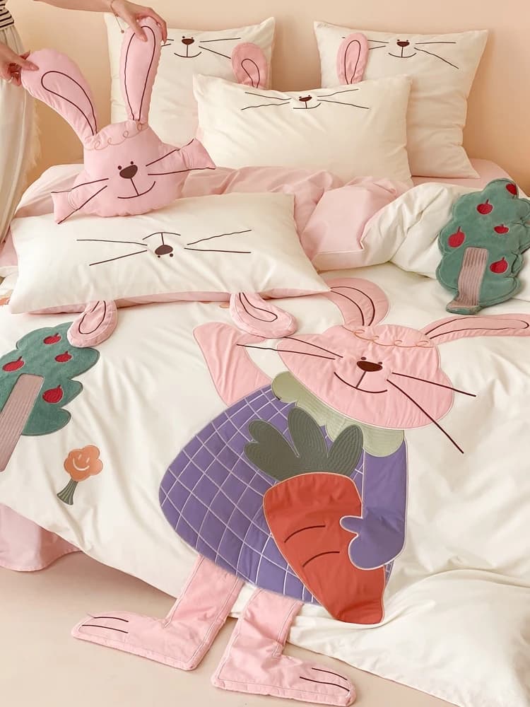 Set di biancheria da letto in cotone con simpatico coniglio dei cartoni animati, 4 pezzi, in cotone lavato, ricamato con coniglio 3D, copripiumino in puro cotone.