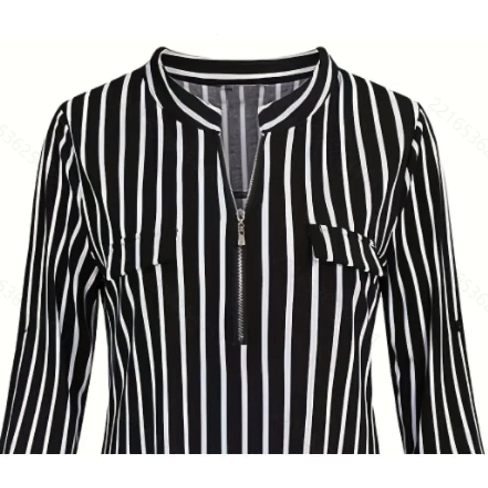 Women's Striped 3/4 Sleeve Shirts Strong Size 1XL-5XL V-neck Shirt with Zipper Top Women's Shirt with Striped Pattern Spring/Autumn