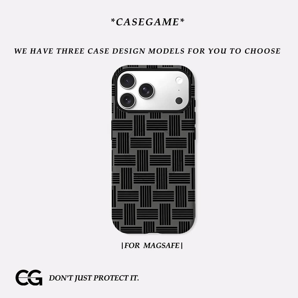 Casegame Cover Opaca Antiurto per iPhone 17 16 15 14 Plus 13 Pro Max con Bumper per MagSafe, in PC Rigido Nero Grigio Effetto Tessuto