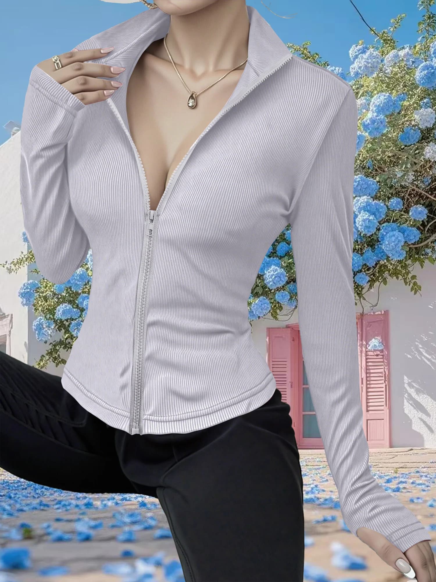 Sleek Ribbed High Neck Zip-Up Jacket, Form-Fitting Layer for High-Waisted Jeans & Streetwear Looks