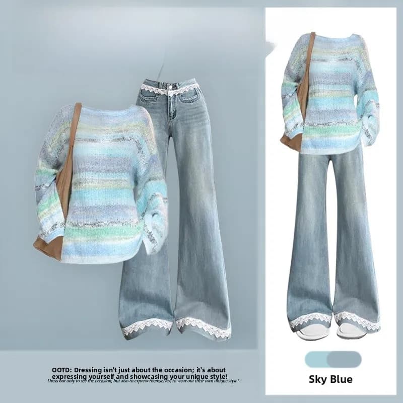 2026 Winter New Korean Style round Neck Gradient Stripe Lazy Knitted Sweater Straight Leg Jeans Two Piece Set Women's Fashion