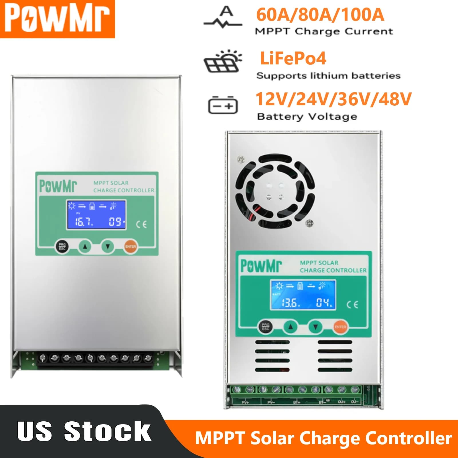 PowMr PowMr 60A 80A 100A Solar Charge Controller 12V/24V/36V/48V Regulator Battery Charging Controller Max Solar PV 150V Dual Fans