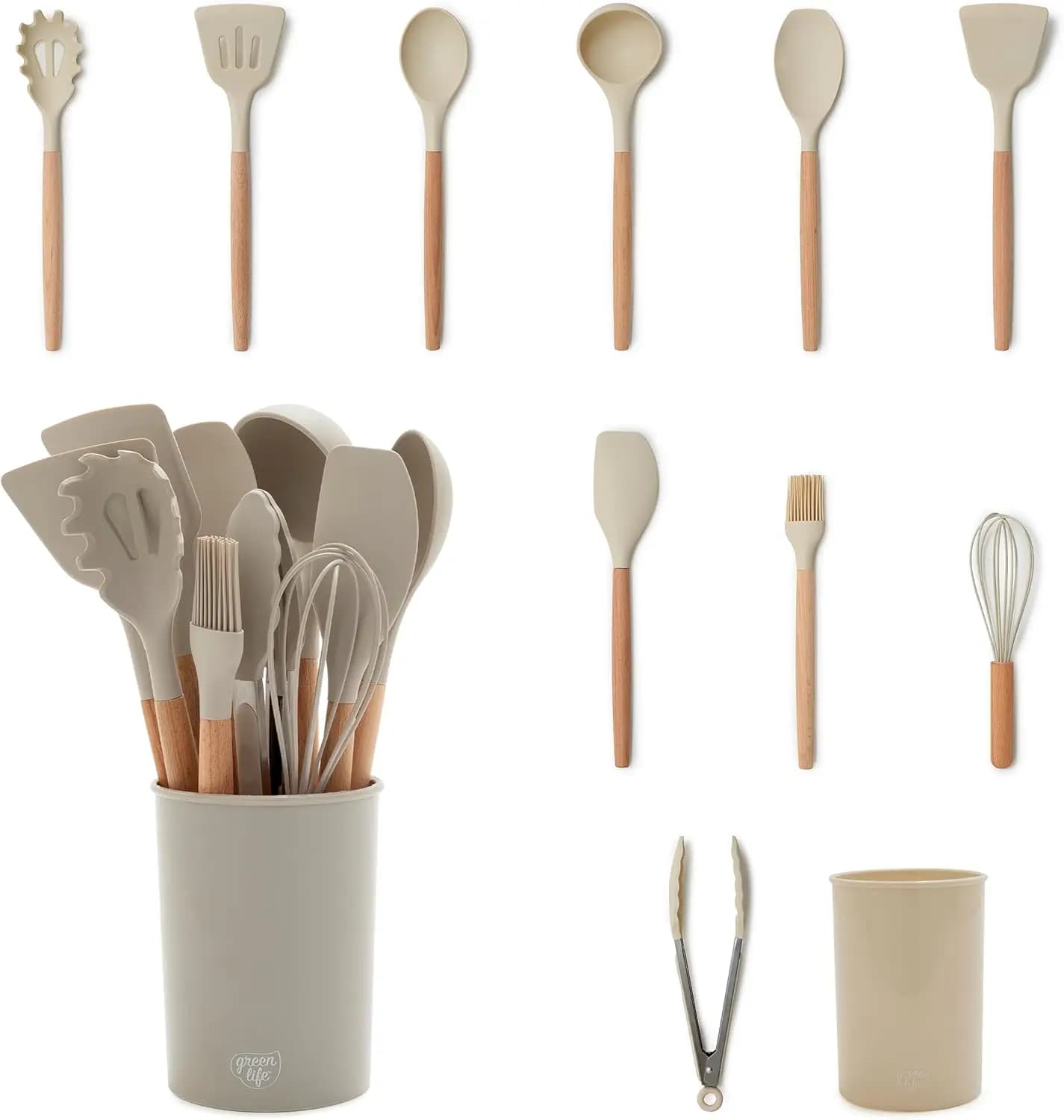 Set di 11 utensili da cucina in silicone, antiaderenti, con mestolo, paletta, spatola forata, spatola piatta, cucchiaio e paletta per spaghetti
