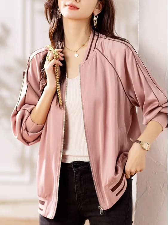 Giacca Baseball Casual a Righe con Inserti, Taglie Forti, da Donna, Nuovo Stile Primaverile, Versatile, Comoda e alla Moda