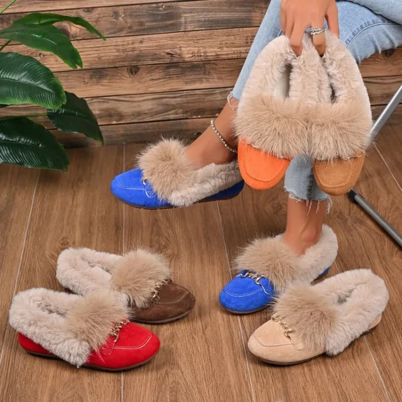 Mocassini Invernali da Donna in Finta Pelle Scamosciata con Fodera in Pelliccia Sintetica, Scarpe Piatte con Decorazione a Catena Metallica, Slip-on Casual per Uso Quotidiano