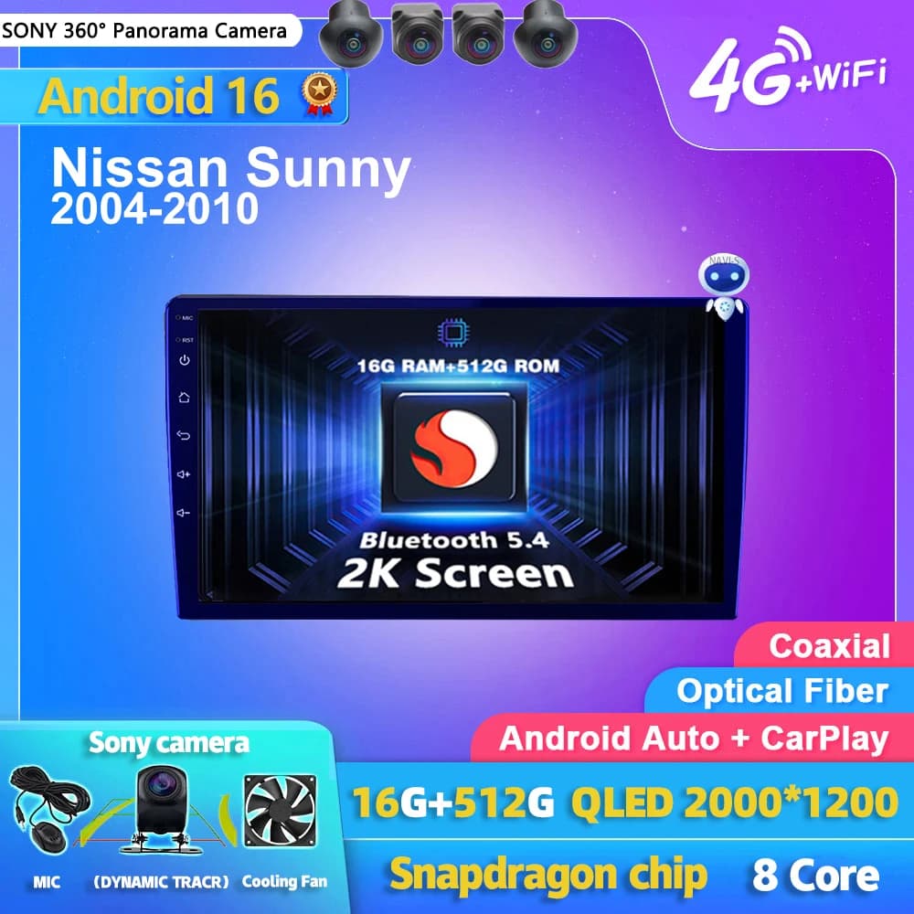Android 16 Carplay Auto 2K Screen Car Radio Multimedia Player For Nissan Sunny 2004 - 2010 Autoradio GPS Stereo 2din Head Unit