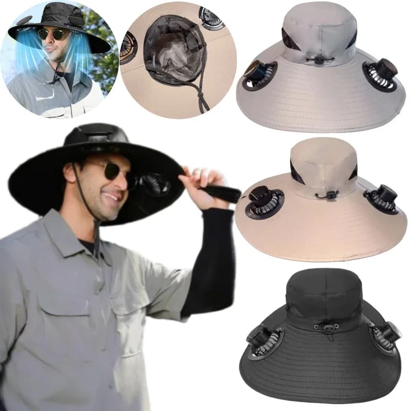 Cappello con Ventilatore Solare Ricaricabile USB, Cappello da Pescatore per Esterni con Cinturino Regolabile, Rete Traspirante per Escursionismo, Pesca, Spiaggia