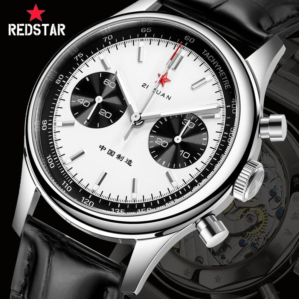 Red Star 40mm Panda 1963 Cronografo da uomo Orologi Movimento originale ST901 Carica manuale Orologio da pilota maschile Orologi da polso meccanici