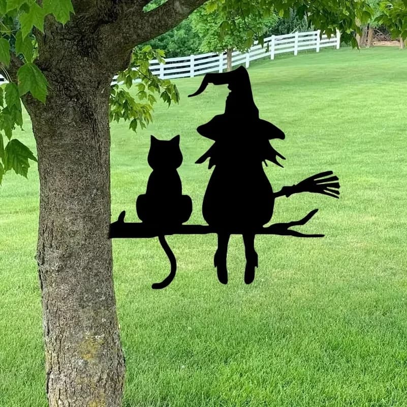 Iron Silhouette Cute Witch And Cat Garden Stake On The Branch Yard Art Decor, Tree Stump Plug-in, For Garden Lawn Courtyard
