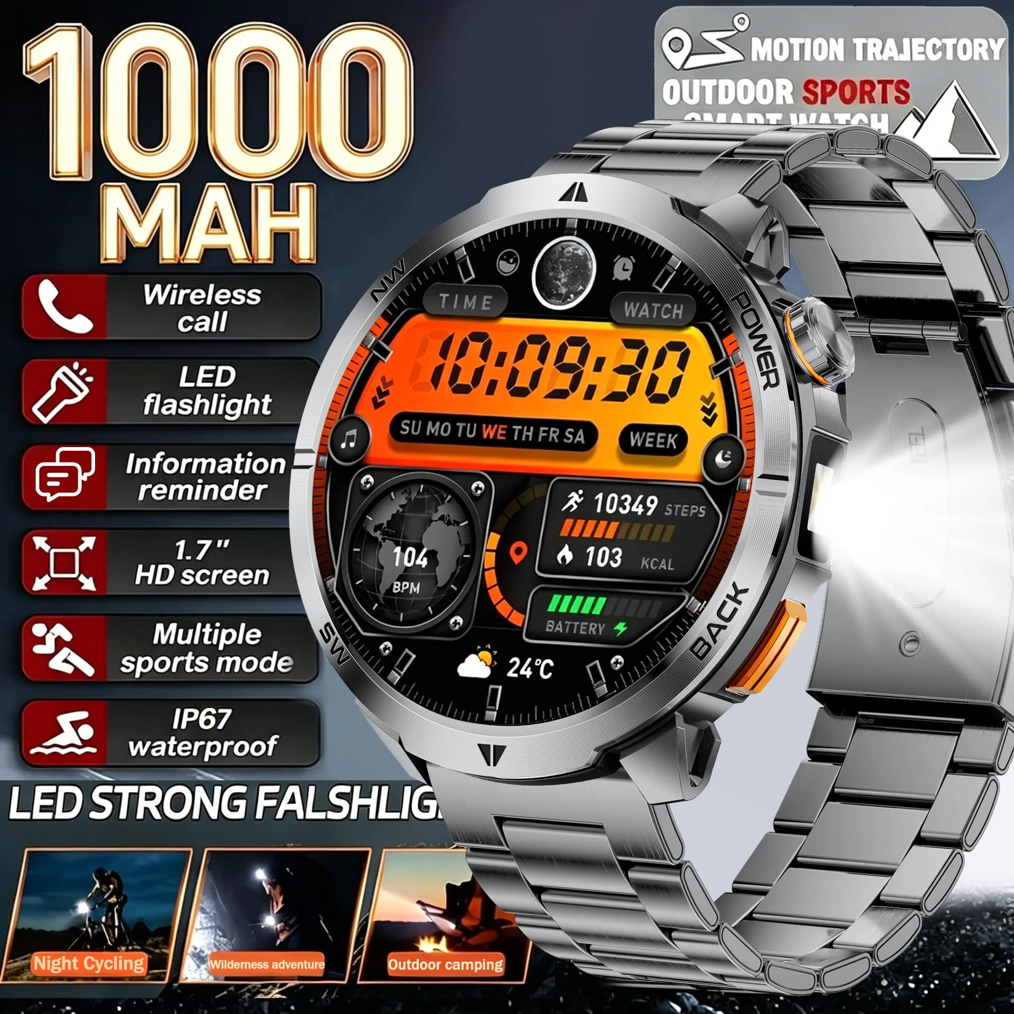 Nuovo Smartwatch T-REX3 Ultra con Batteria da 1000mAh, Impermeabile 10ATM, GPS, Bussola, Torcia, Display AMOLED HD da 1.7'', Chiamate, Orologio Sportivo Intelligente per Uomo