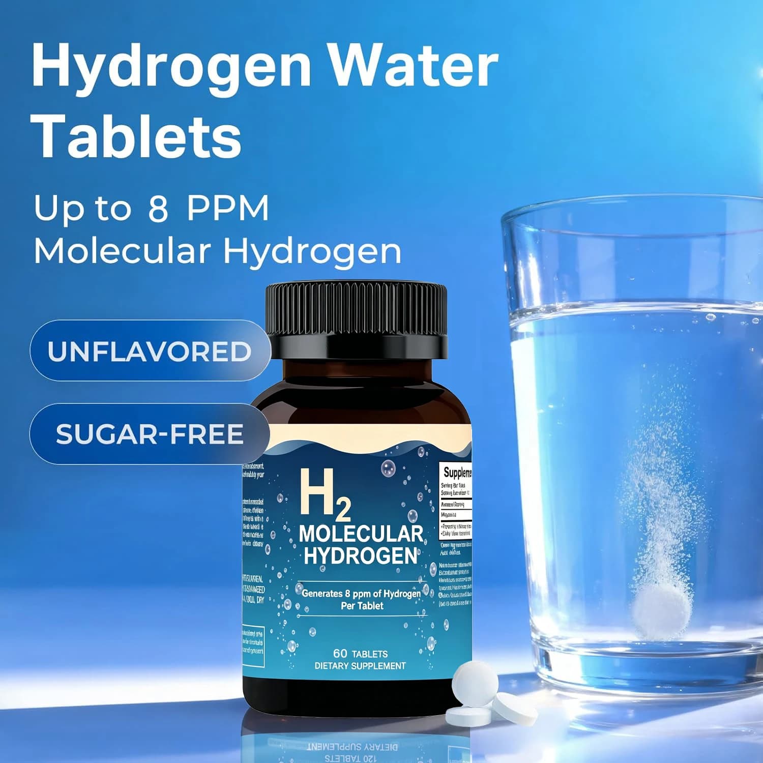 H2 Molecular Hydrogen Tablets with Magnesium, Hydrogen Rich Water 8 ppm, Supports Cellular Energy, Brain Health & Healthy Aging