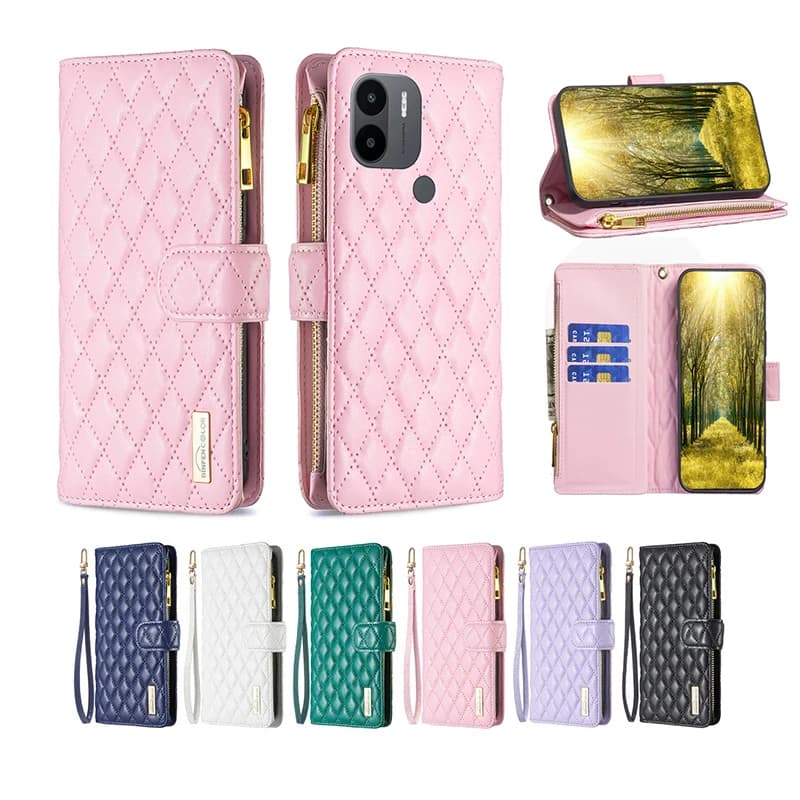 Custodia a portafoglio con cerniera e laccetto per Xiaomi POCO C55 F5 F3 X5 X3 NFC M3 Pro, in pelle di lusso con griglia a rombi e 9 scomparti per carte, con cinturino da polso e chiusura a flip.