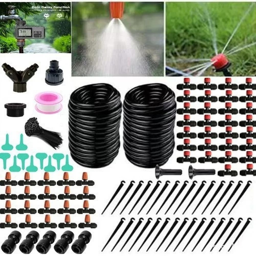 Kit Sistema di Irrigazione a Goccia Regolabile con Timer, Connettori e Spruzzatori per Giardino Esterno, Serra e Irrigazione Fai-da-te