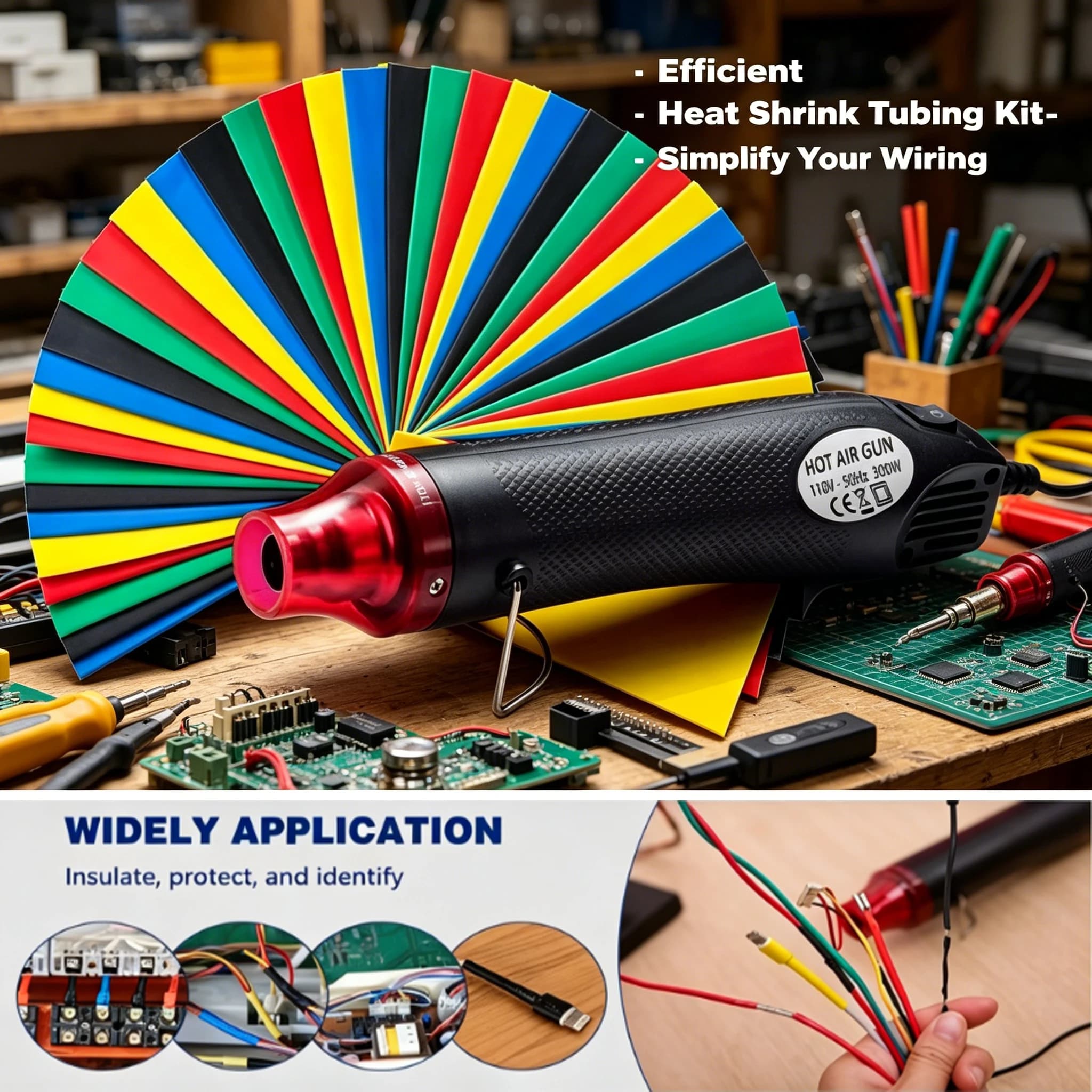 Kit Tubi Termorestringenti 1060/656 pz 2:1 con Pistola ad Aria Calda 300W EU US 110V 220V per Riparazione e Protezione Cavi