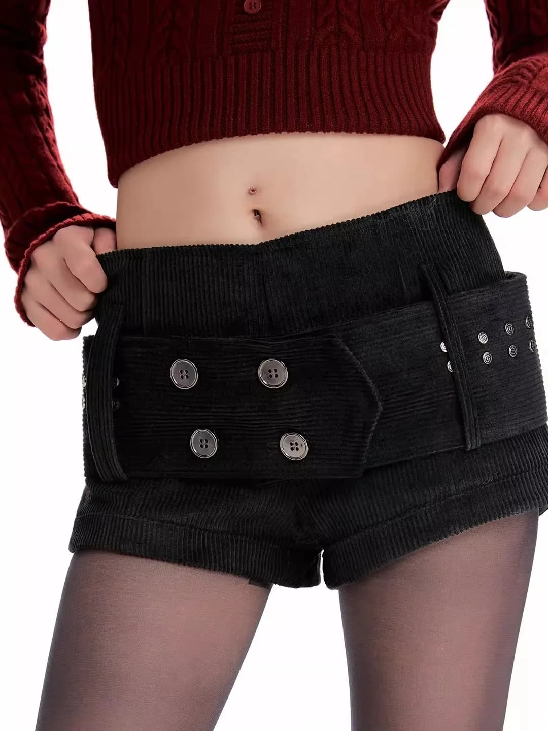 Low Waist Corduroy Shorts Women's Autumn Winter New Style Metal Buckle Slim Fit A-Line Casual Hot Pants Black Girl Style