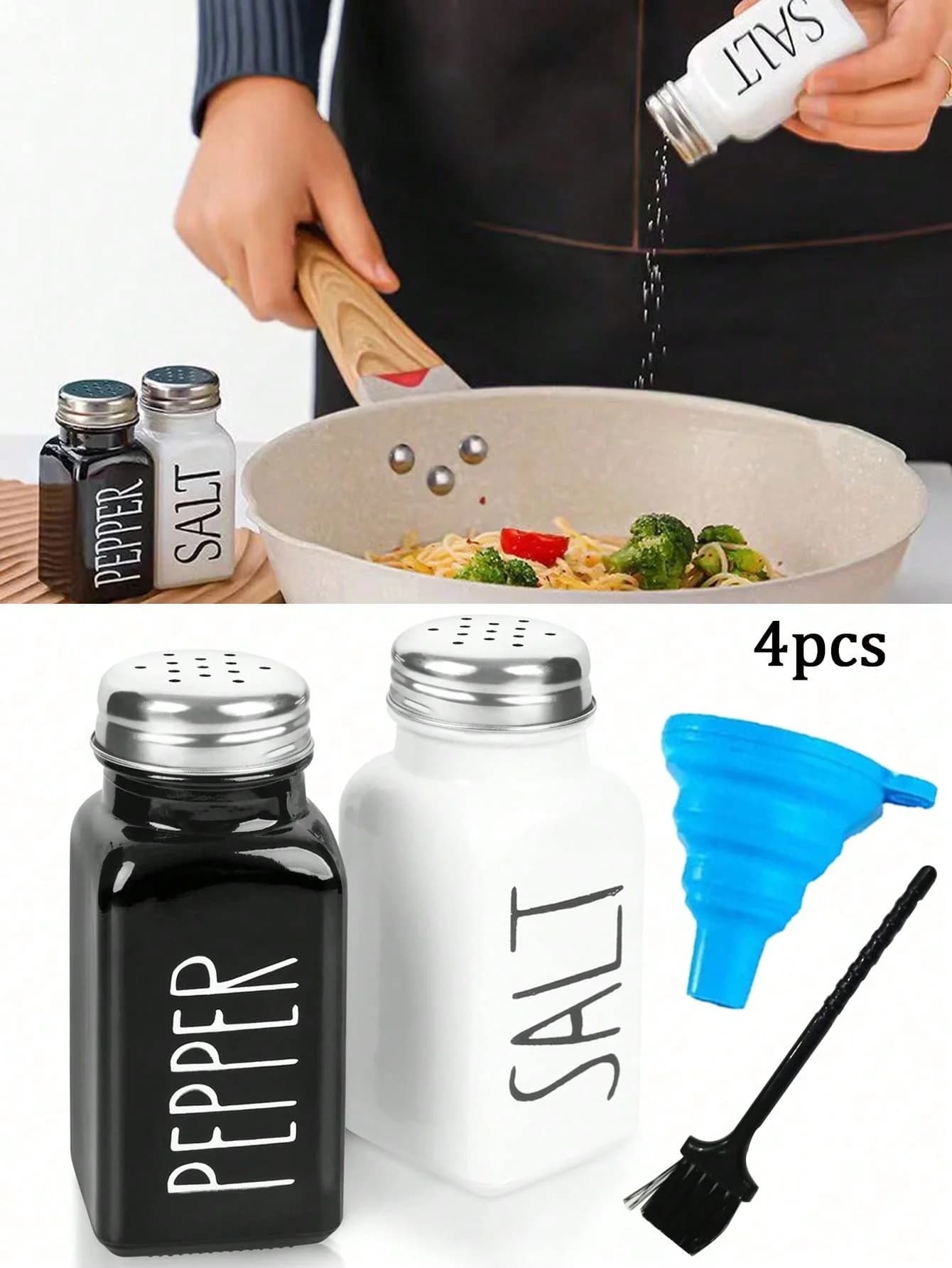 Set di saliere e pepe da 4 pezzi, shaker in vetro con coperchio in acciaio inossidabile, shaker per spezie in vetro bianco e nero vintage, per resta domestico