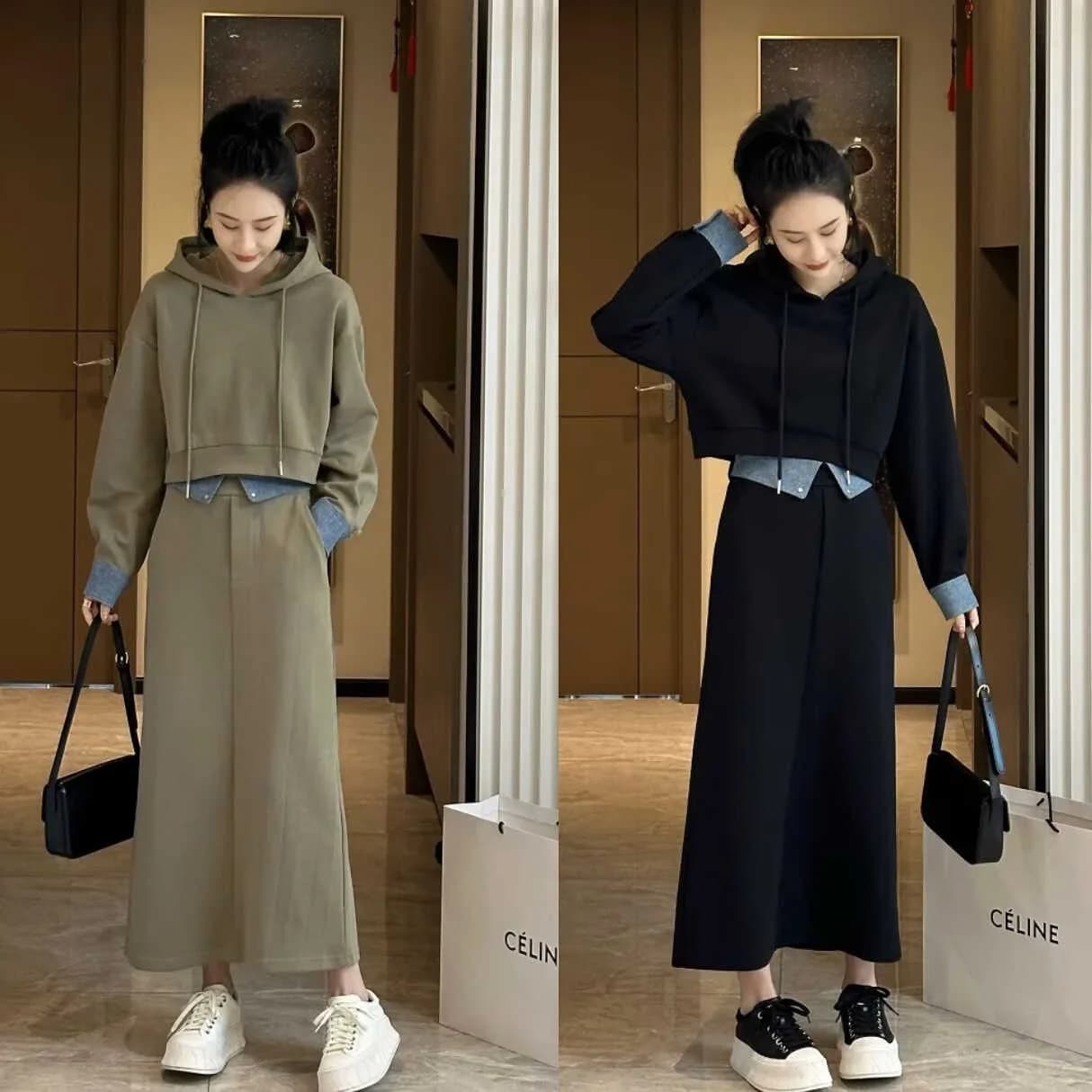 Completo Casual con Felpa con Cappuccio e Gonna a Vita Alta che Nasconde le Forme, Taglie Forti, Moda Donna, Due Pezzi, Autunno Primavera, Poliestere