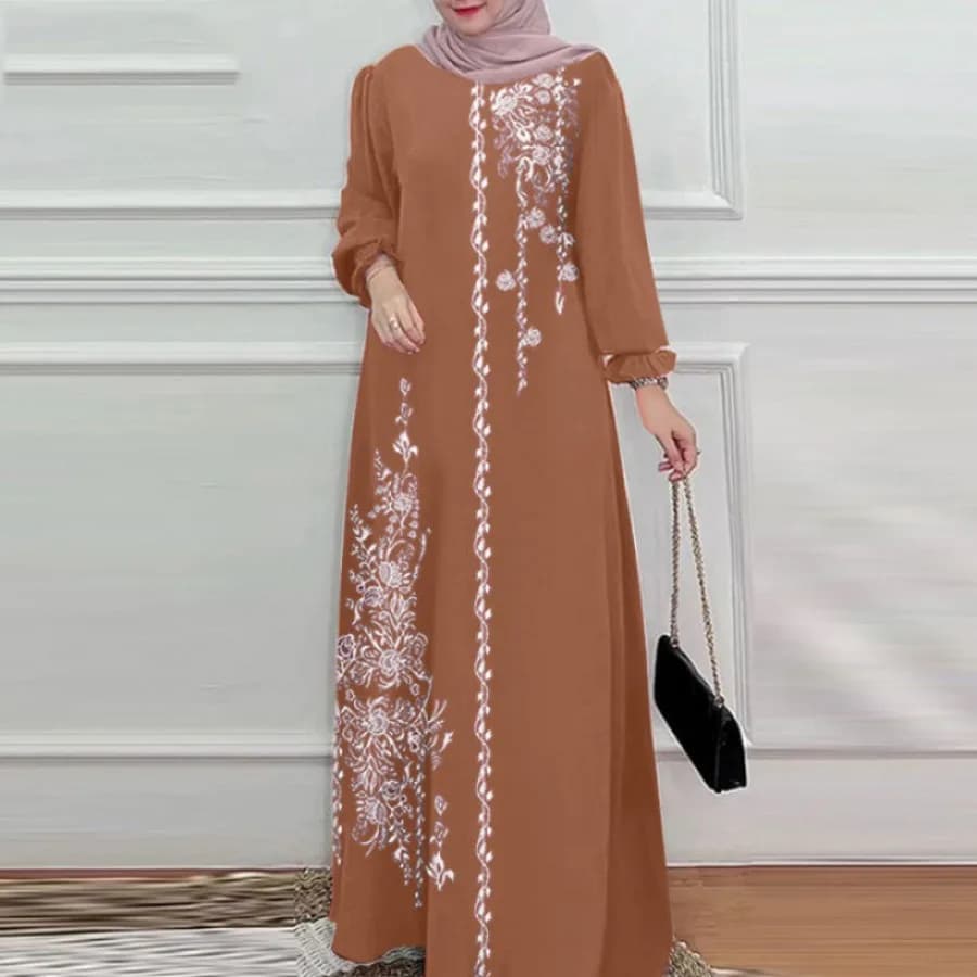 【New style】European and American - dress women's dress elegant brown embroidered long daily dress