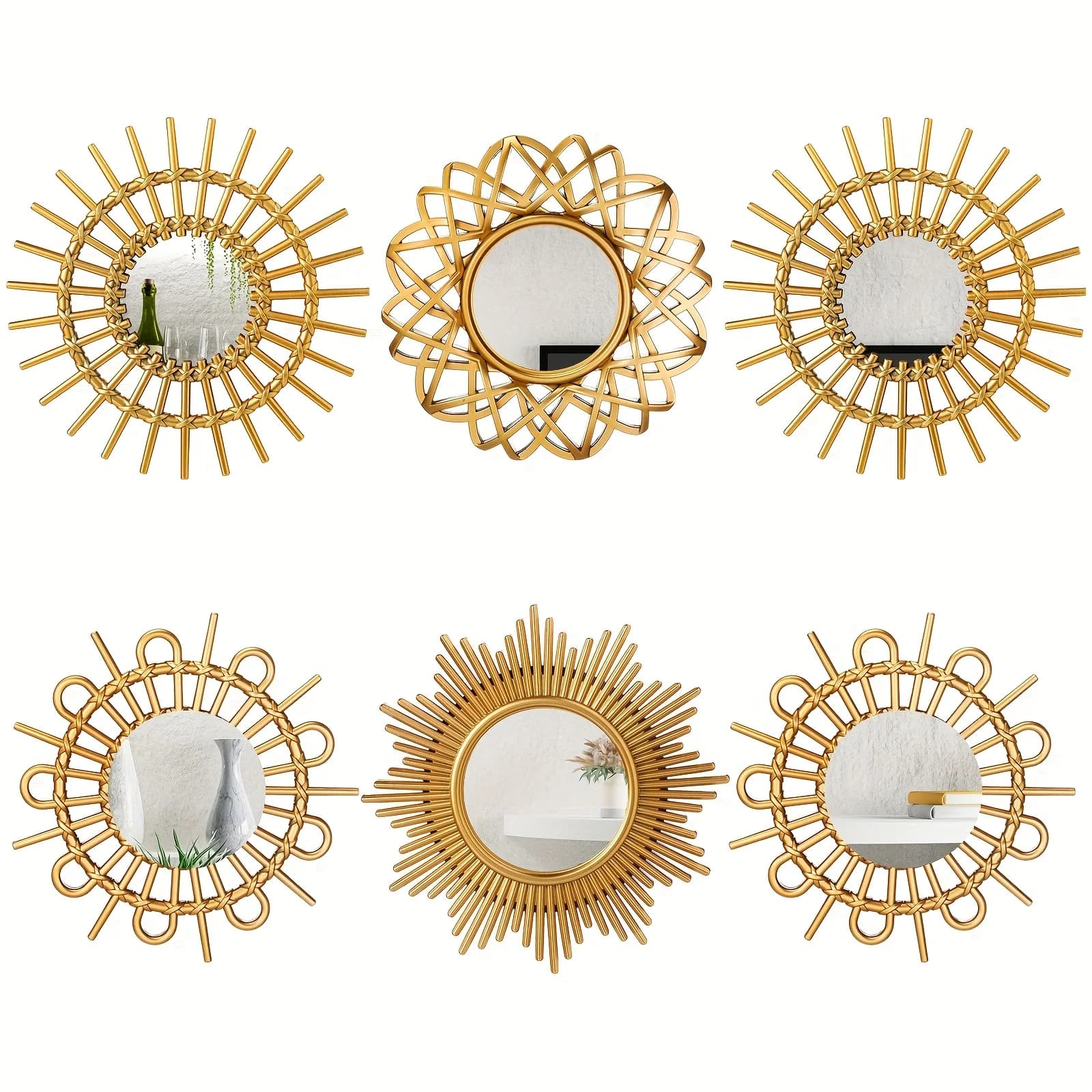 Set di 6 Specchi Decorativi da Parete, Piccoli Specchi Circolari a Forma di Sole, Specchi Artistici da Parete per Ingresso, Specchio Circolare da Appendere per Decorazione Casa, Bagno, Camera da Letto, Soggiorno