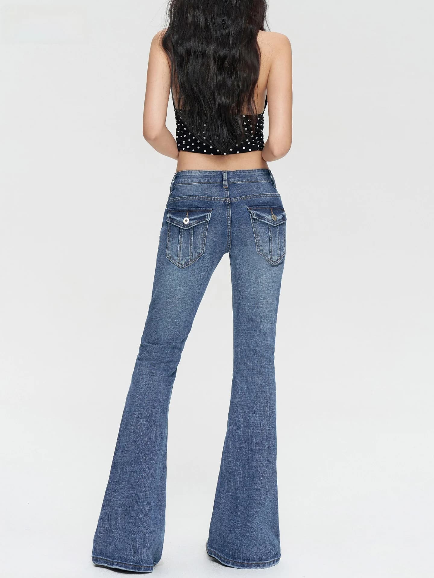Blue Low-Waist Bell Bottom Jeans Women's Retro American Style Washed out Simple Floor-Length Trousers Spring 2026 New Arrival