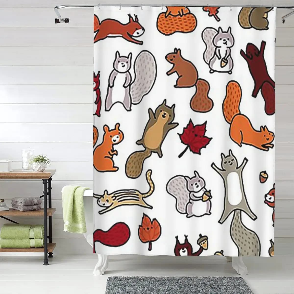 Tenda da doccia con disegno di scoiattoli autunnali, in poliestere impermeabile, con ganci.