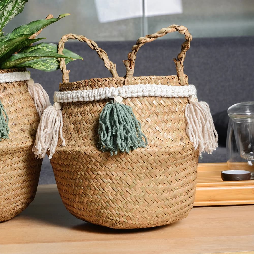 Tassel Pendant Seagrass Basket Storage Woven Gift Basket Small Size Laundry Basket Plant Storage for Decoration
