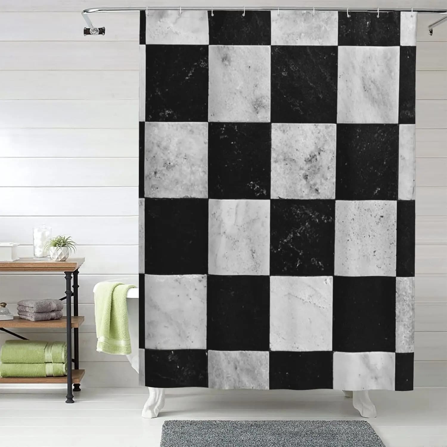 Set di tende da doccia con 12 ganci Tenda lavabile in tessuto impermeabile Tende da bagno moderne per fattoria Scacchiera bianca nera