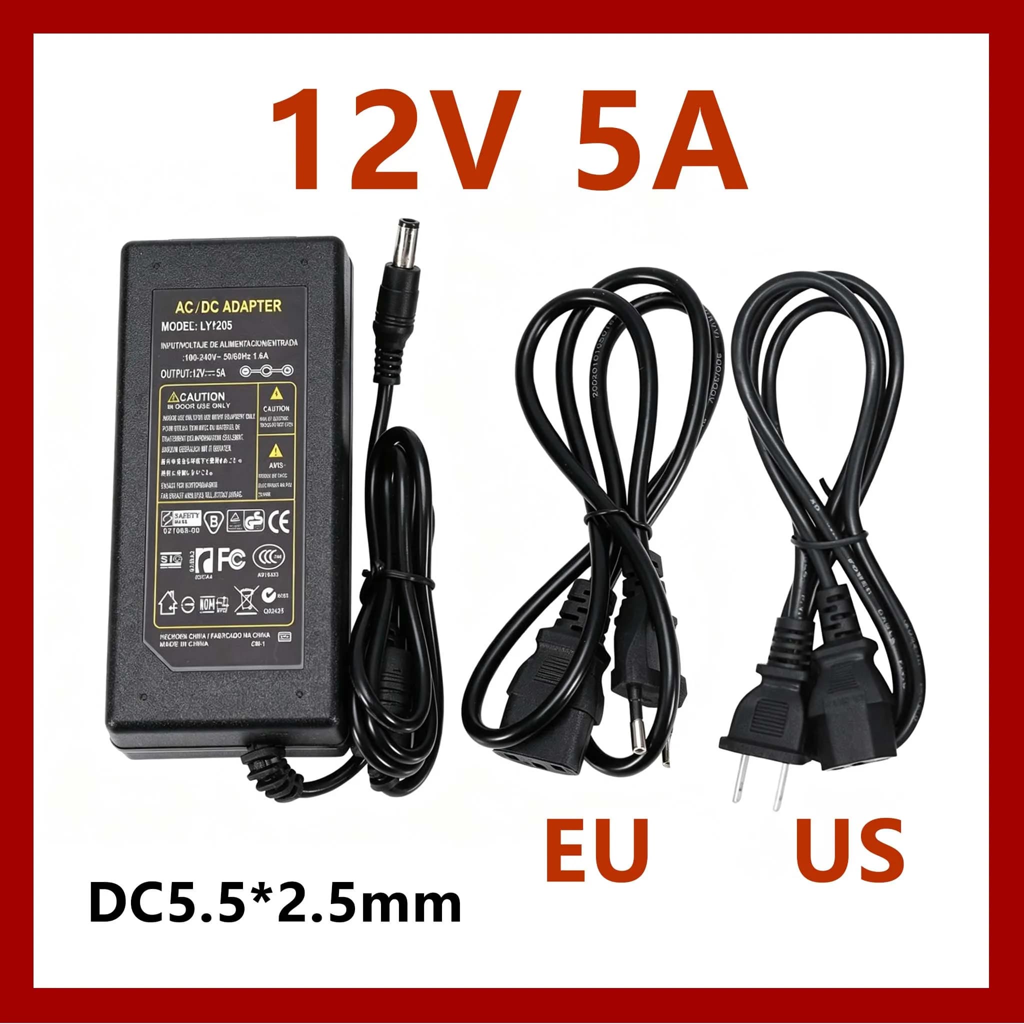 12V 5A Power Supply AC 100V 220V DC 12V 5A 5000mA Converter Adapter EU US Plug 5.5mm x 2.1-2.5mm For LED Strip CCTV